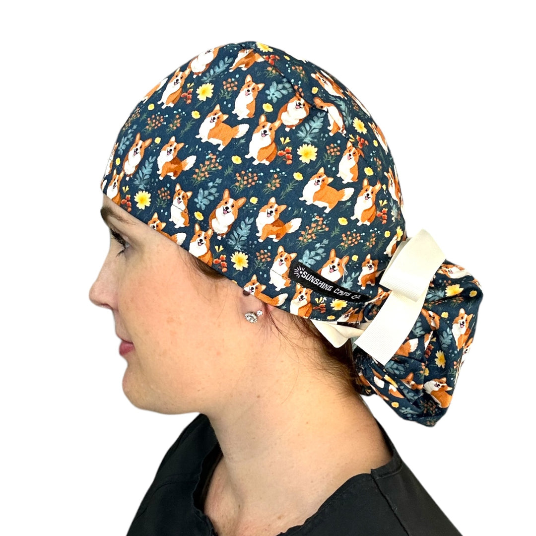 Corgi Dog Floral Ponytail Scrub Cap for Women, By Sunshine Caps Co.