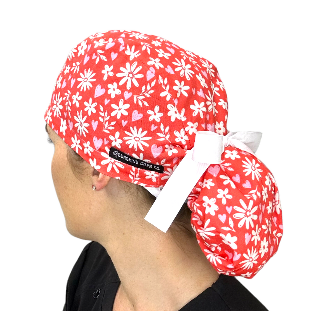 red floral Ponytail Scrub Cap for Women, By Sunshine Caps Co.