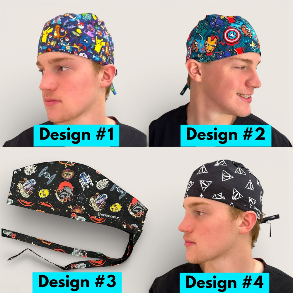 Four different designs of colorful headbands worn by a person on a white background.
