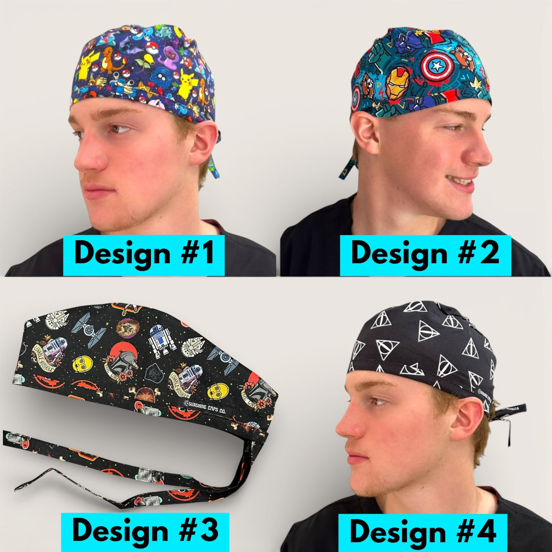 Four different designs of colorful headbands worn by a person on a white background.