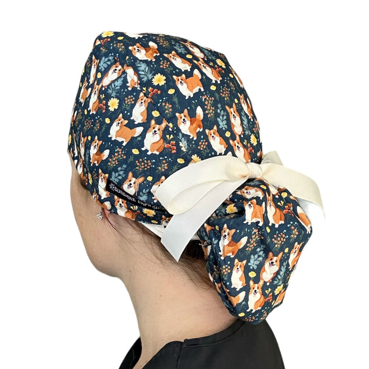 Corgi Dog Floral Ponytail Scrub Cap for Women, By Sunshine Caps Co.