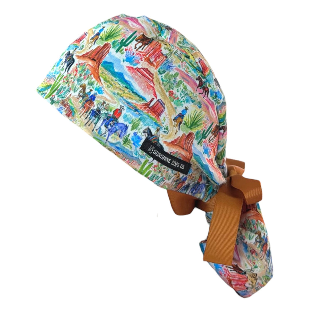 Western Watercolor- Ponytail Scrub Cap