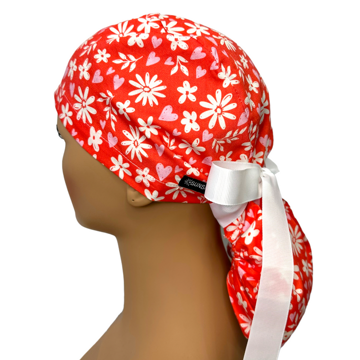 red floral Ponytail Scrub Cap for Women, By Sunshine Caps Co.