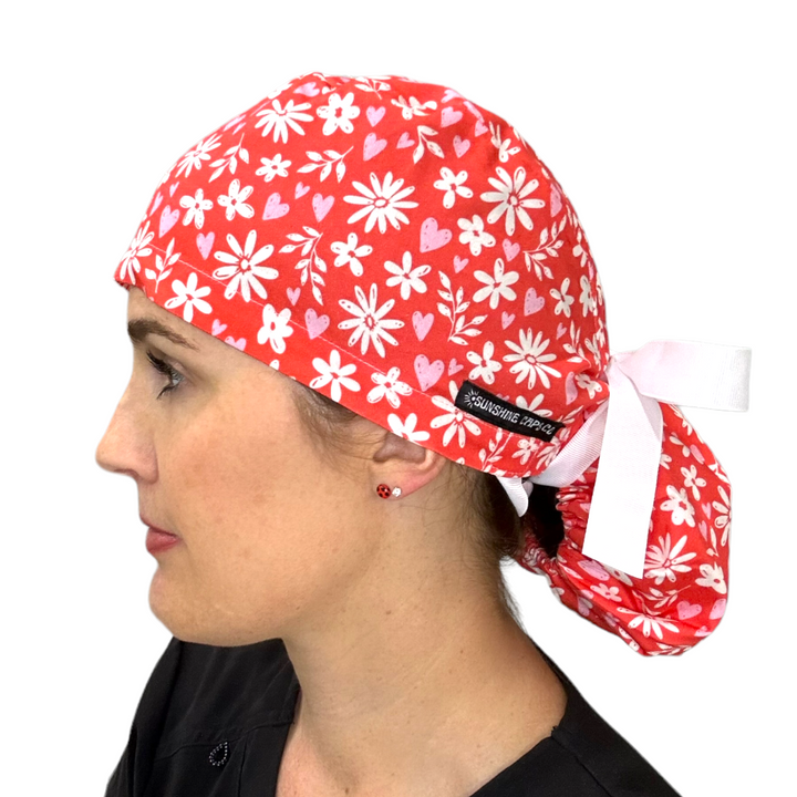 red floral Ponytail Scrub Cap for Women, By Sunshine Caps Co.