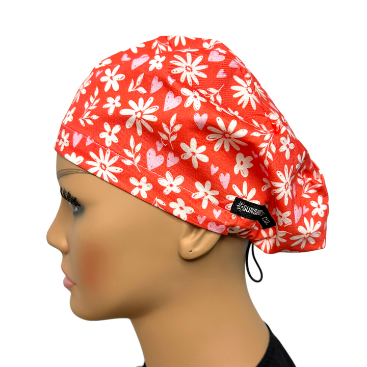 Country red Floral Euro Scrub Cap for Women, by Sunshine Caps Co