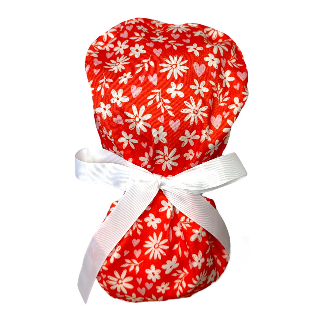 red floral Ponytail Scrub Cap for Women, By Sunshine Caps Co.