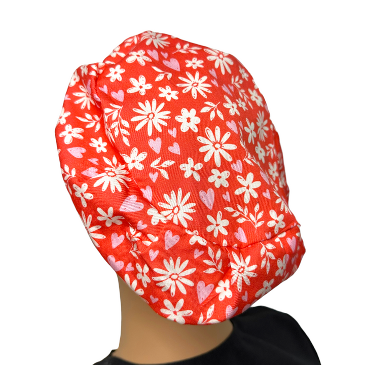 Country red Floral Euro Scrub Cap for Women, by Sunshine Caps Co