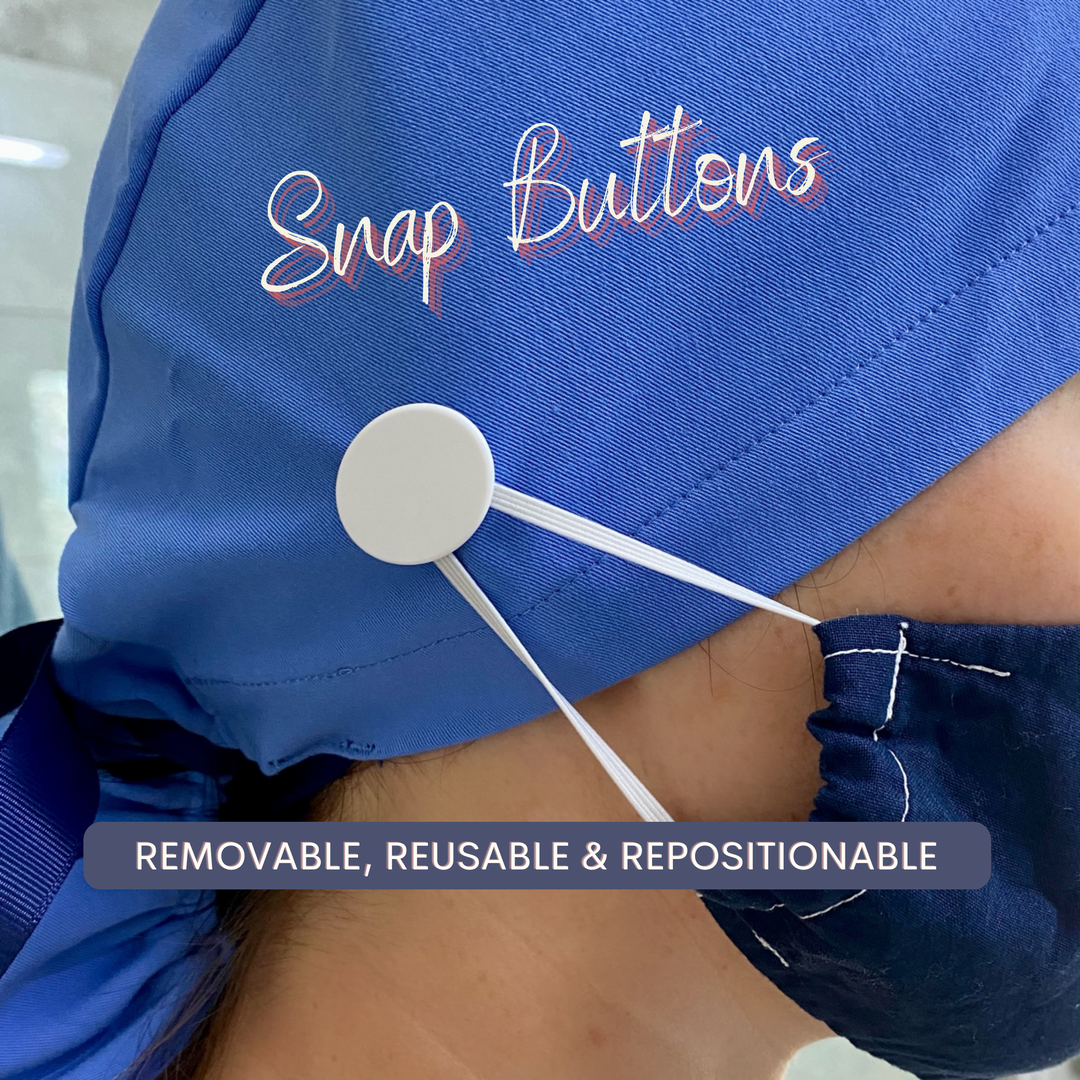 snap buttons for ear relief on scrub caps