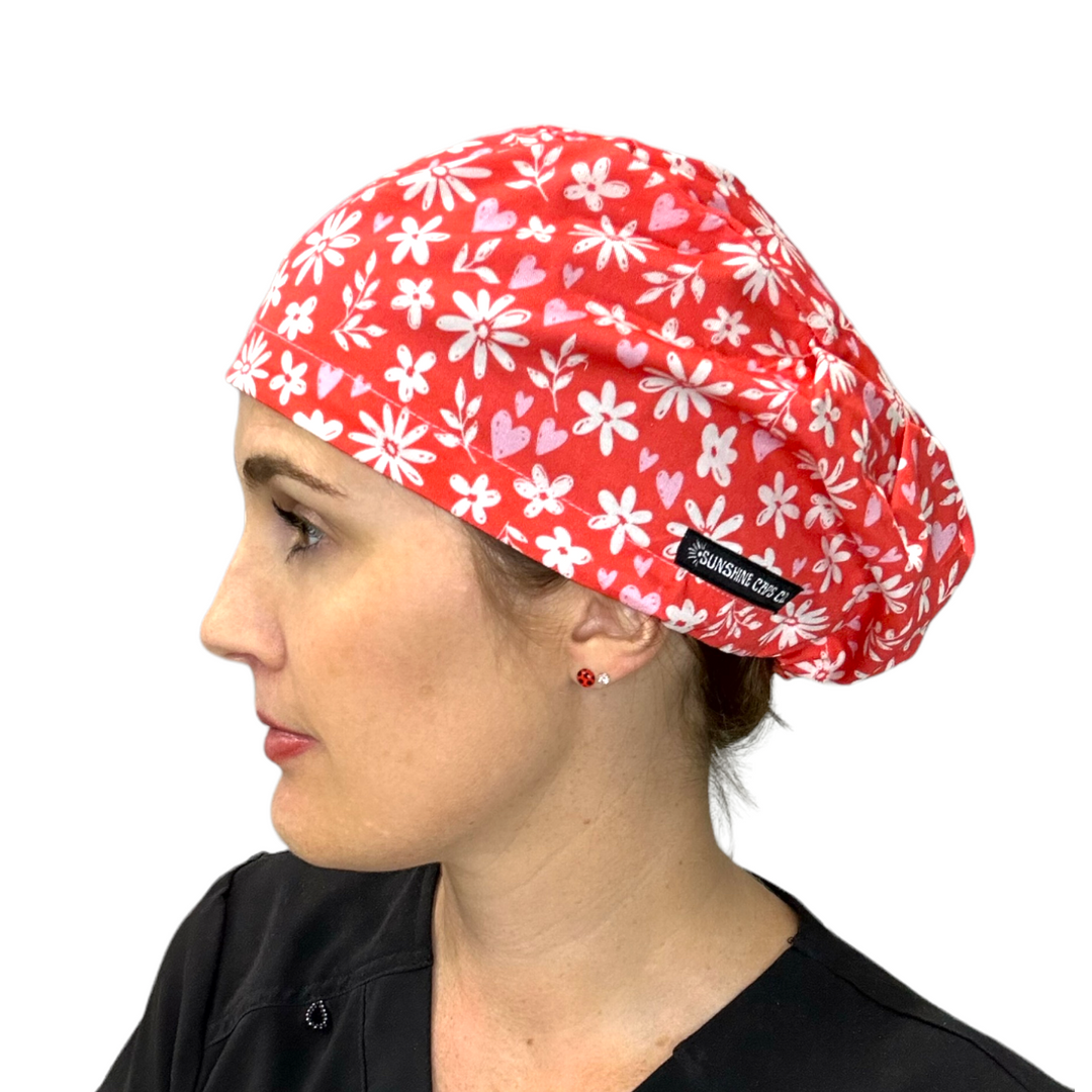 Country red Floral Euro Scrub Cap for Women, by Sunshine Caps Co