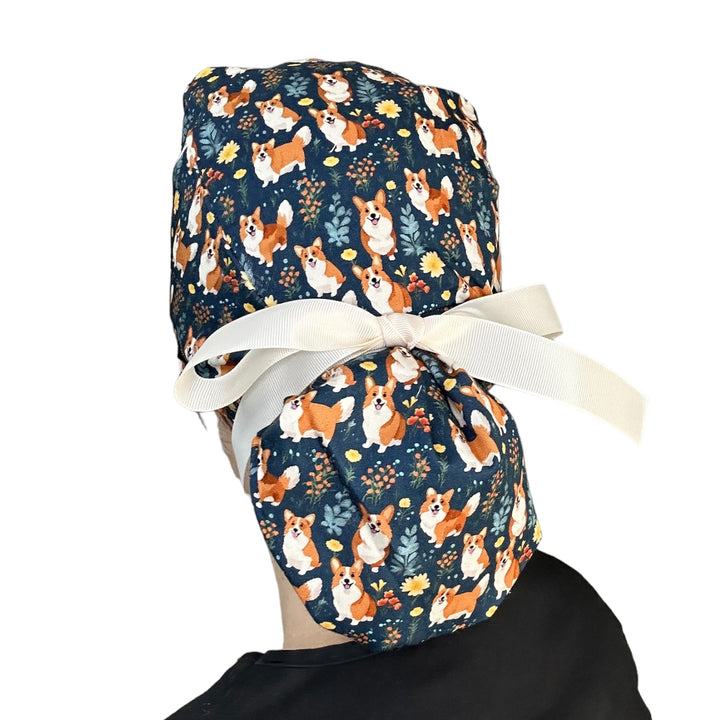 Corgi Dog Floral Ponytail Scrub Cap for Women, By Sunshine Caps Co.
