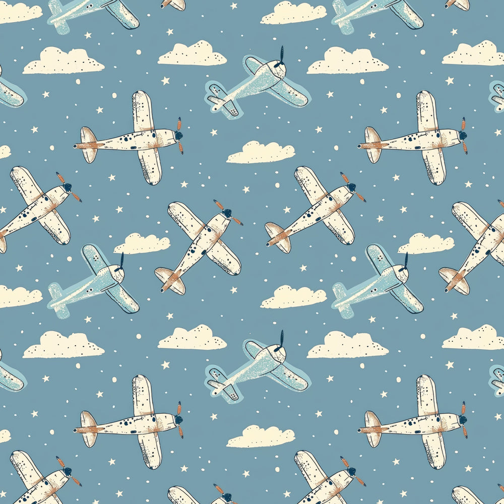 Pattern of airplanes and clouds on a blue background