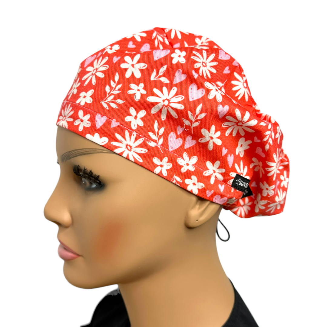 Country red Floral Euro Scrub Cap for Women, by Sunshine Caps Co