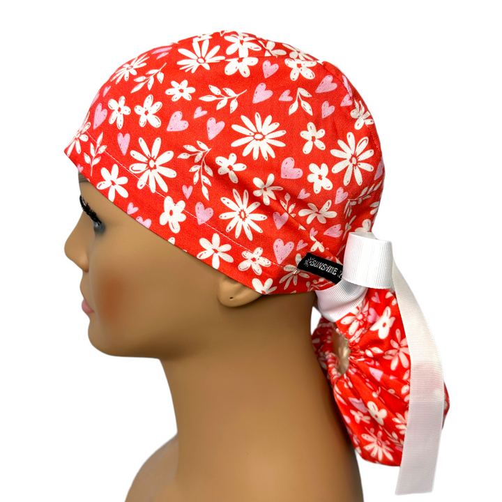 red floral Ponytail Scrub Cap for Women, By Sunshine Caps Co.