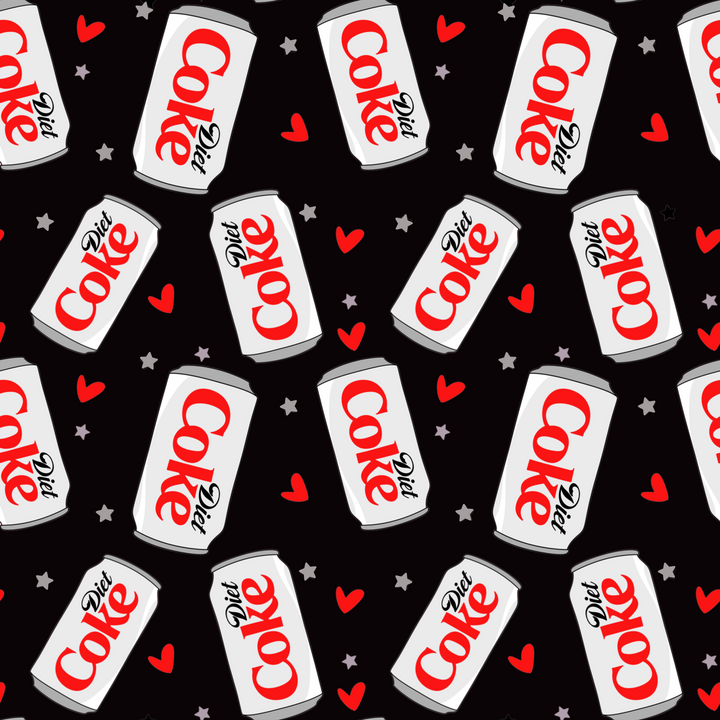 Pattern of Diet Coke cans with hearts and stars on a black background