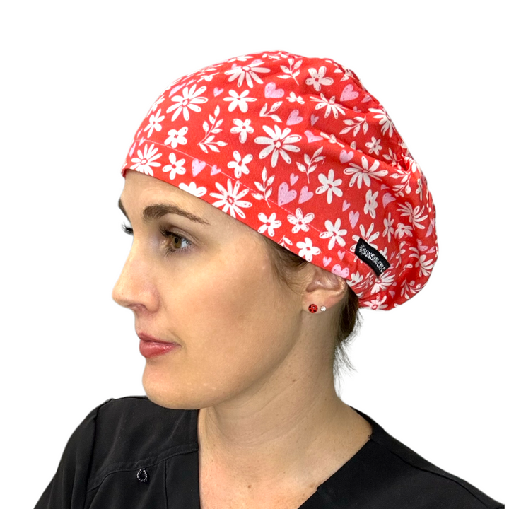 Country red Floral Euro Scrub Cap for Women, by Sunshine Caps Co