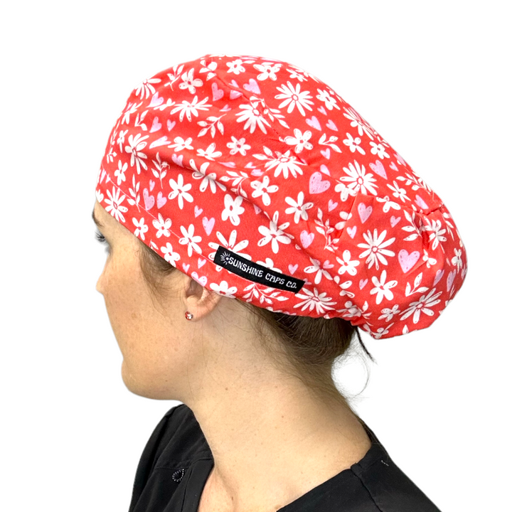 Country red Floral Euro Scrub Cap for Women, by Sunshine Caps Co