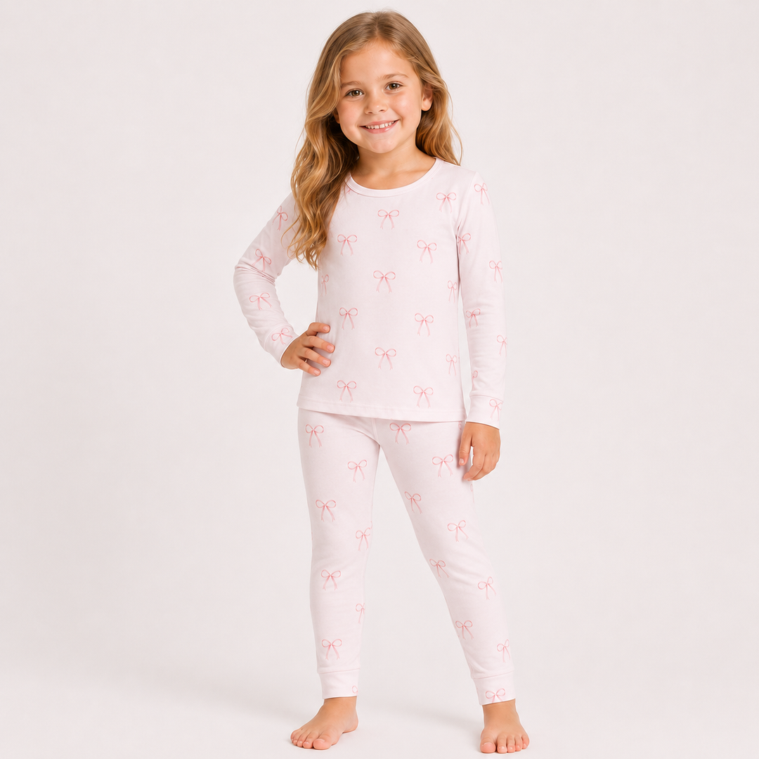 Pink Bows Long Sleeve Two-Piece PJ's