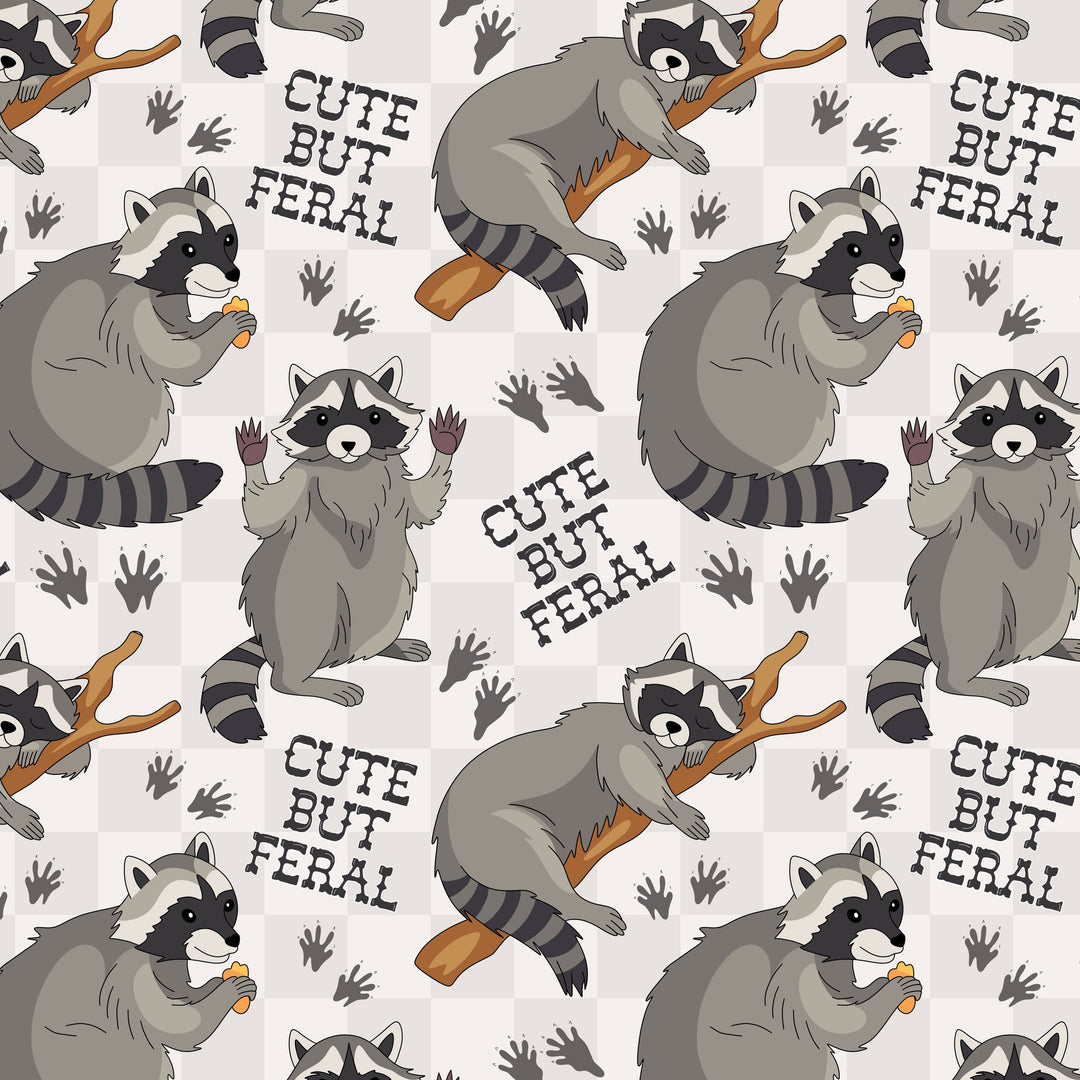 Pattern of raccoons on branches with 'Cute But Feral' text on a white background
