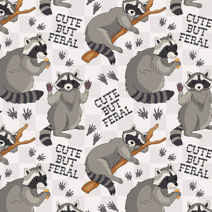 Pattern of raccoons on branches with 'Cute But Feral' text on a white background