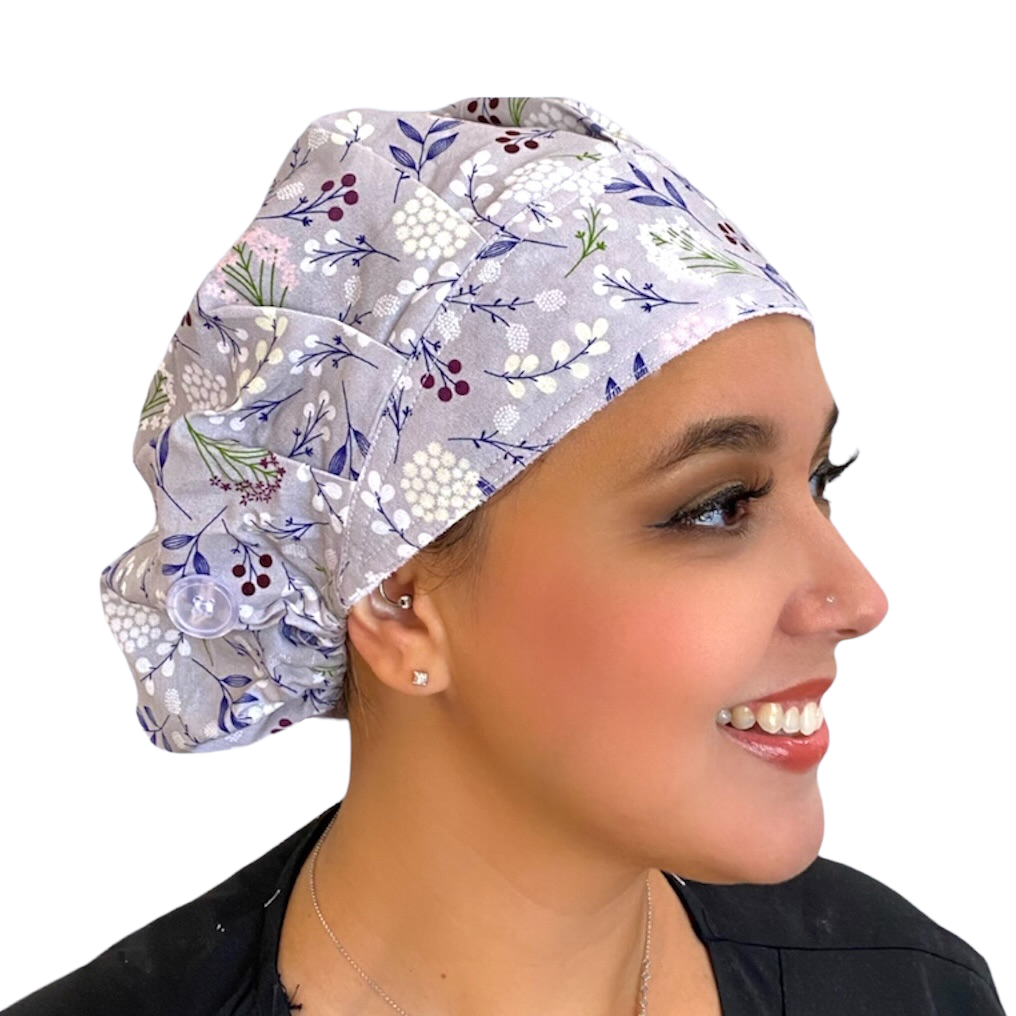 floral bouffant surgical scrub cap by sunshine shops co. available with buttons & satin lining