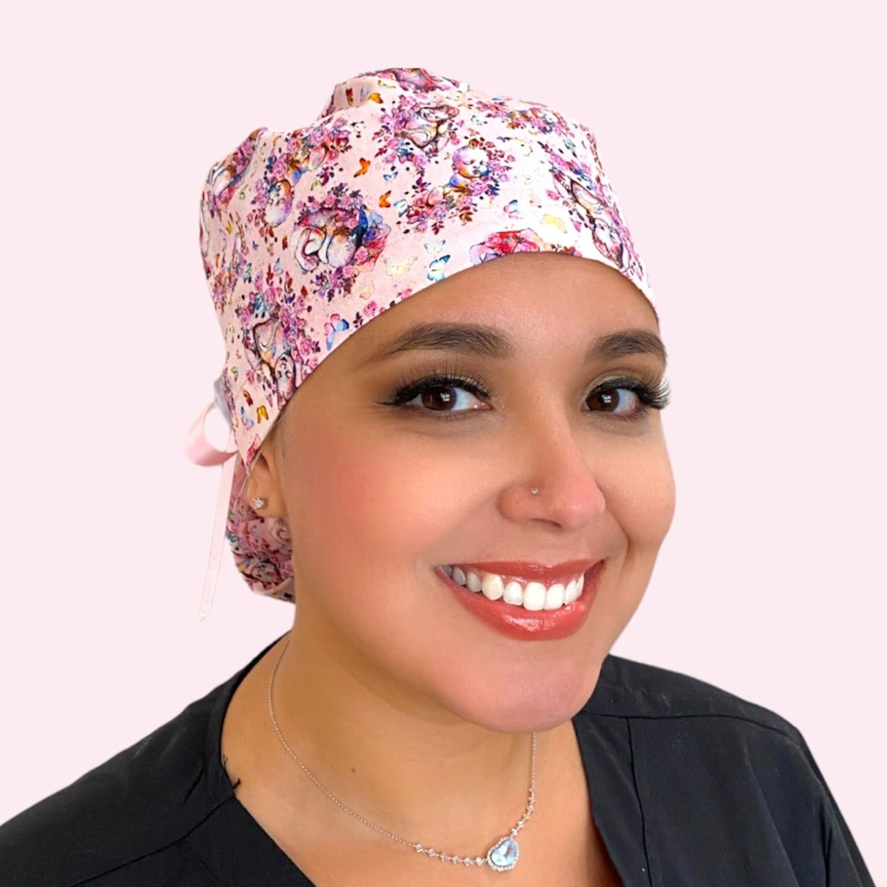 baby ponytail labor and delivery surgical scrub cap by sunshine shops co. available with buttons & satin lining