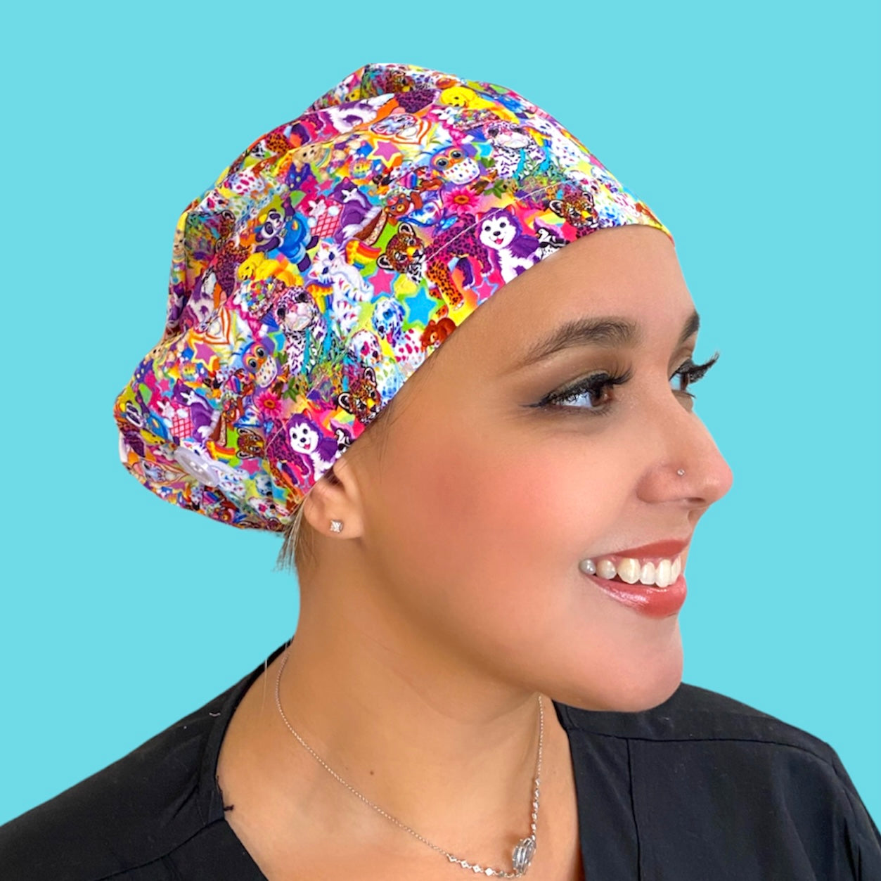 euro 90s lisa frank surgical scrub cap by sunshine shops co. with buttons and satin lining
