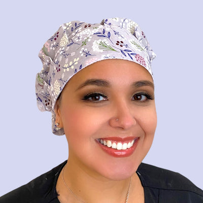 floral bouffant surgical scrub cap by sunshine shops co. available with buttons & satin lining