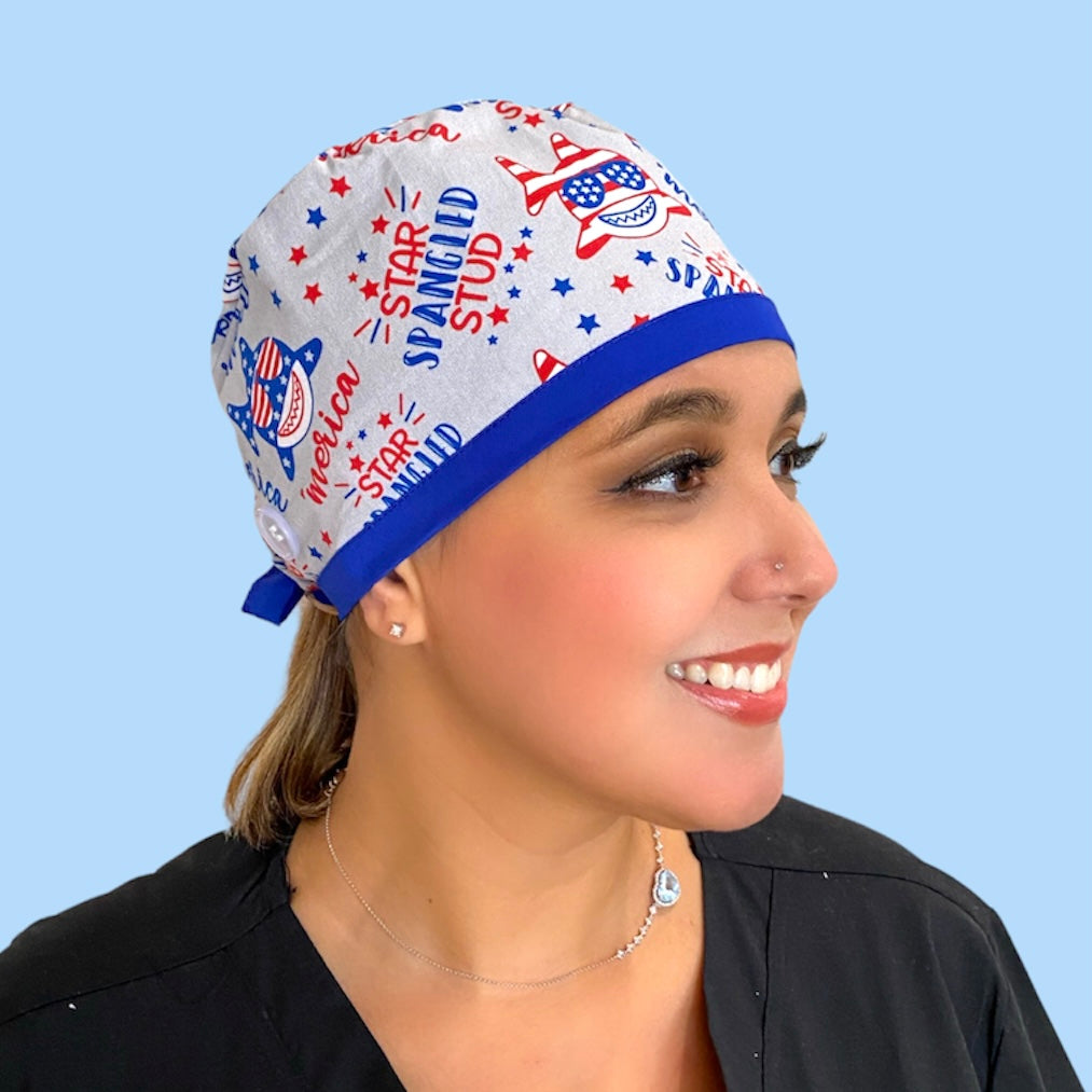 patriotic star spangled stud surgical scrub cap by sunshine shops co. available with buttons & satin lining