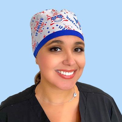 patriotic USA star spangled stud surgical scrub cap by sunshine shops co. available with buttons & satin lining
