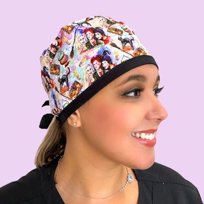 hocus pocus witch halloween surgical scrub cap by sunshine shops co. available with buttons & satin lining