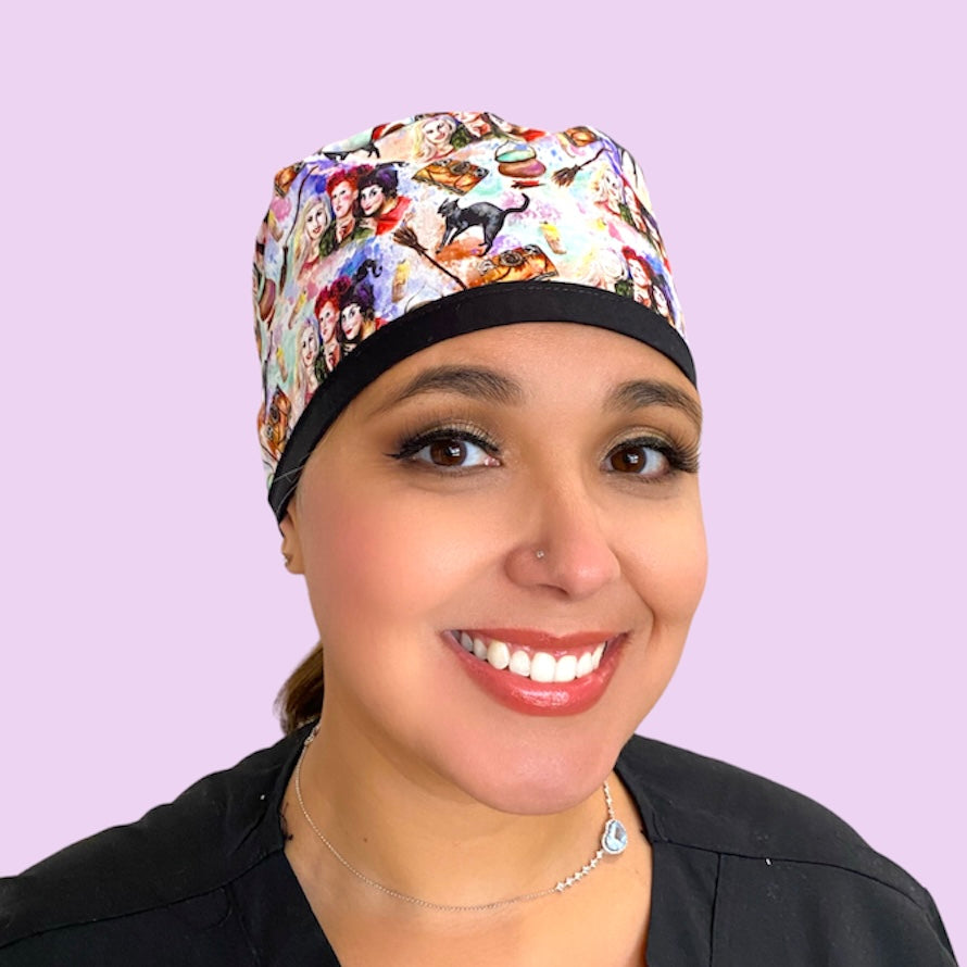 hocus pocus witch halloween surgical scrub cap by sunshine shops co. available with buttons & satin lining