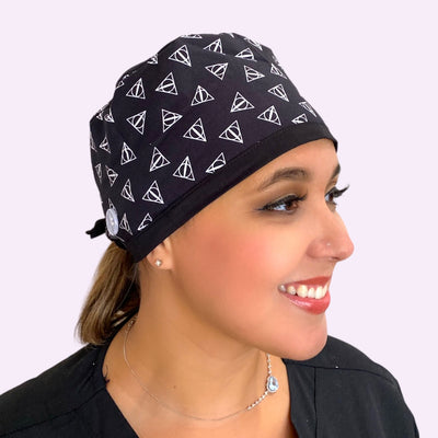 wizard deathly HP surgical scrub cap by sunshine shops co. available with buttons & satin lining