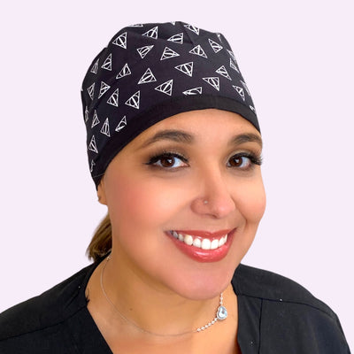 wizard deathly surgical scrub cap by sunshine shops co. available with buttons & satin lining