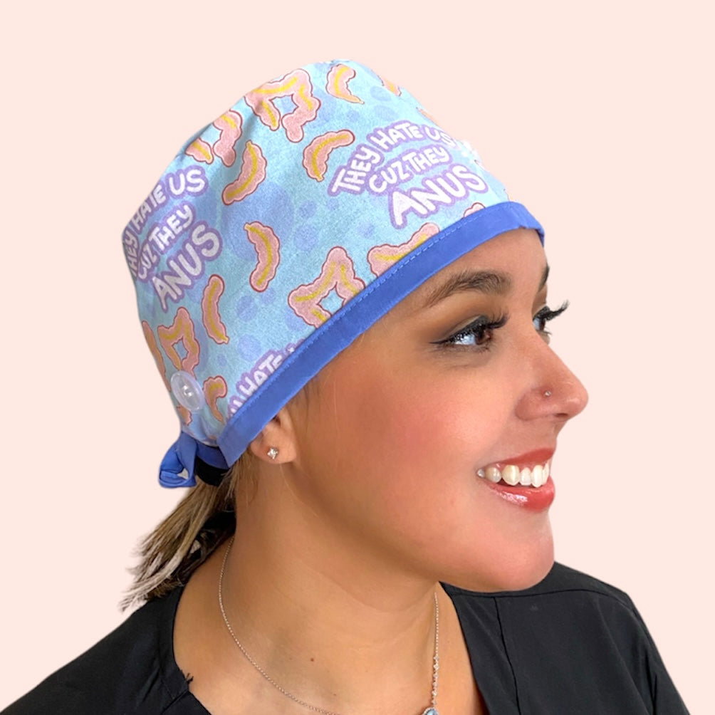 they hate us cuz they anus  tie back surgical scrub cap with buttons and sweatband by sunshine shops co