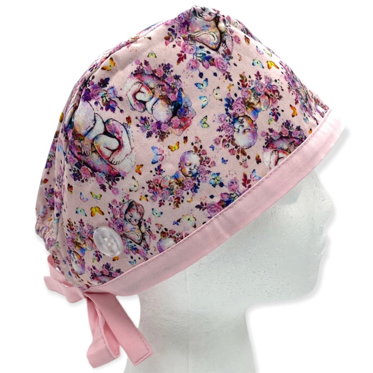 labor and delivery, obgyn, baby surgical scrub cap with buttons and satin lining. Best scrub hats but sunshine shops co