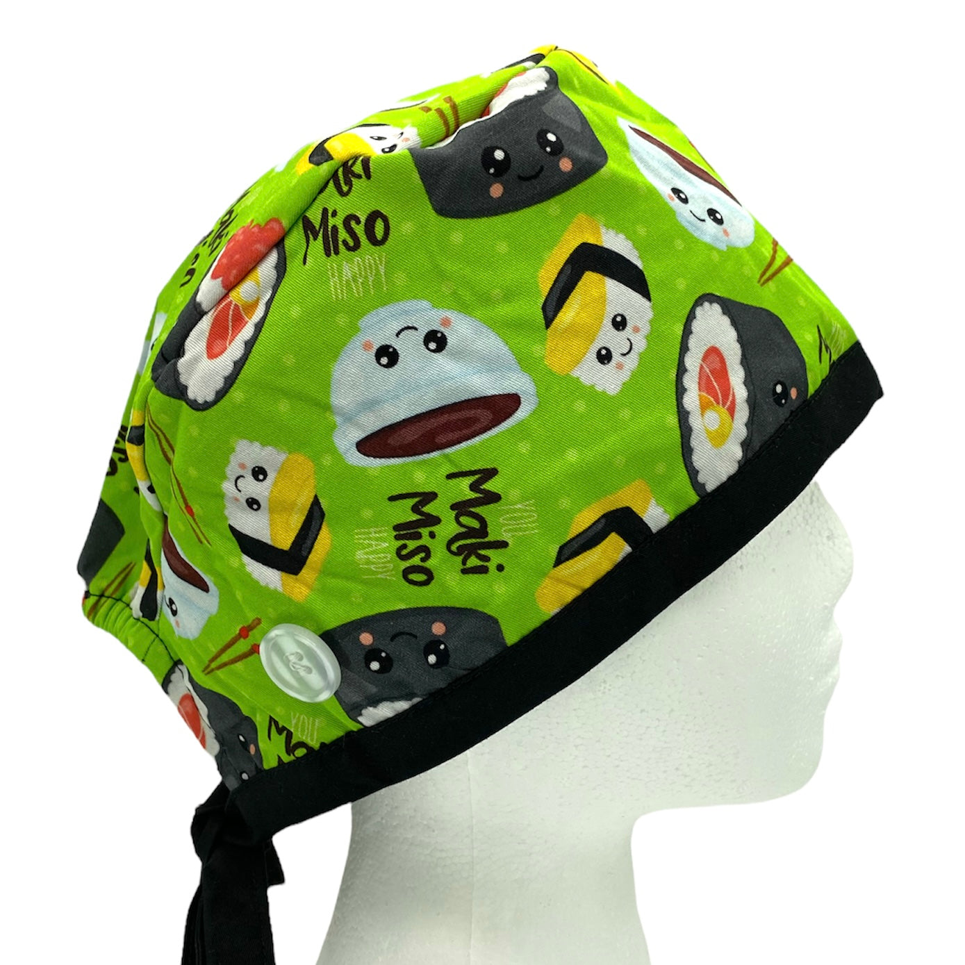 sushi japanese "maki miso happy" surgical scrub cap with buttons by sunshine shops co