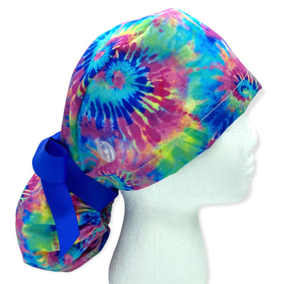neon tie dye ponytail scrub cap for long hair with satin lining and buttons by sunshine shops co