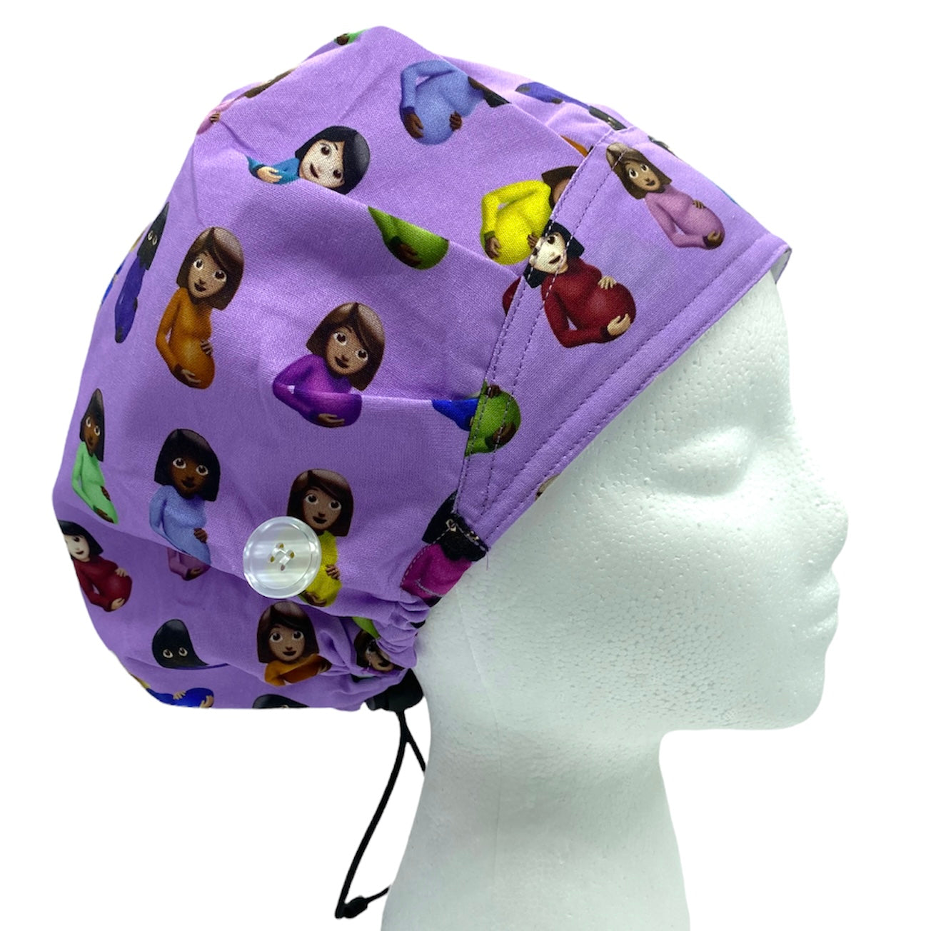 pregnant emoji bouffant labor and delivery surgical scrub cap with satin lining and buttons for women with long hair