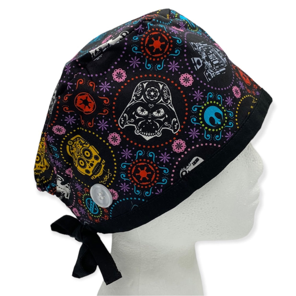 Star wars sugar skull surgical scrub cap with buttons and satin lining. Best and most comfortable surgical scrub hats by sunshine shops co