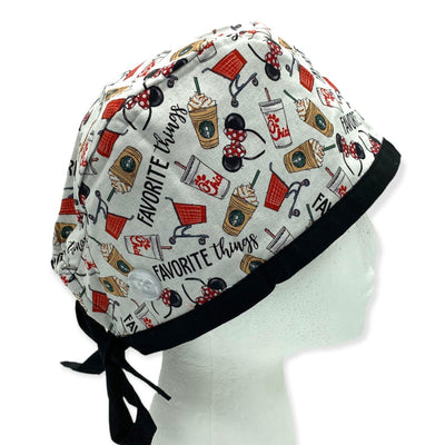 Disney favorite things surgical scrub cap. Best scrub hat with buttons and satin lining for women and men
