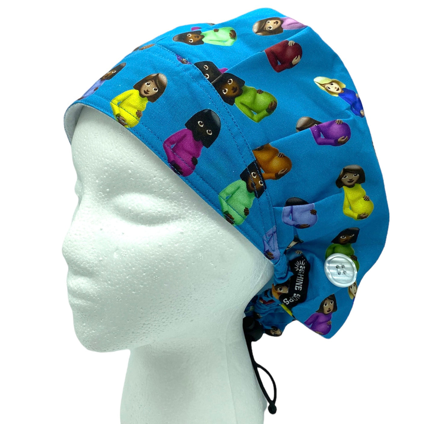 pregnant emoji labor and delivery clb surgical scrub for women with long hair. best scrub hats with buttons and satin lining by sunshine shops co