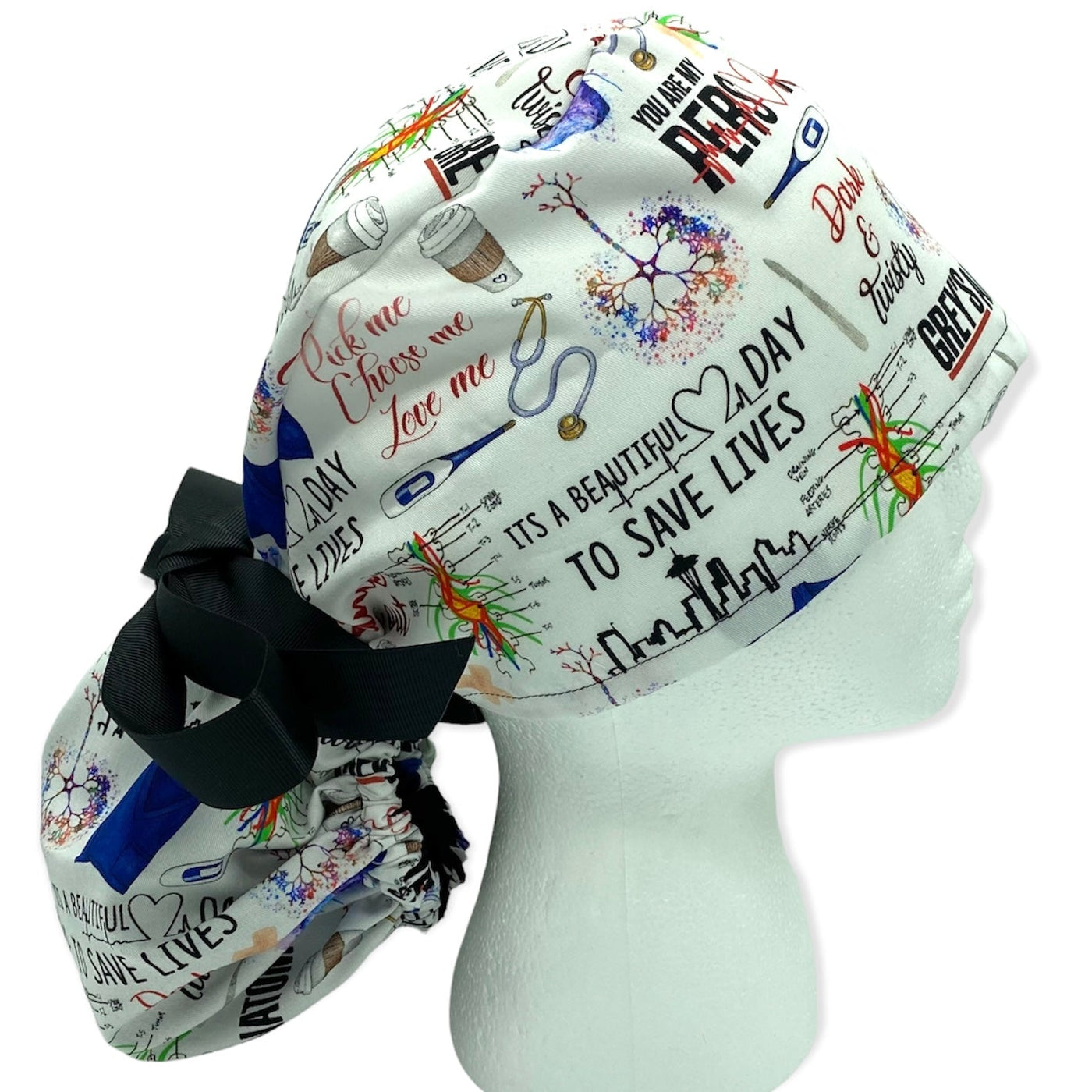 grey's anatomy ponytail surgical scrub cap with ear buttons for women with long hair. You are my person hat. scrub hats by sunshine shops co with buttons and satin lining