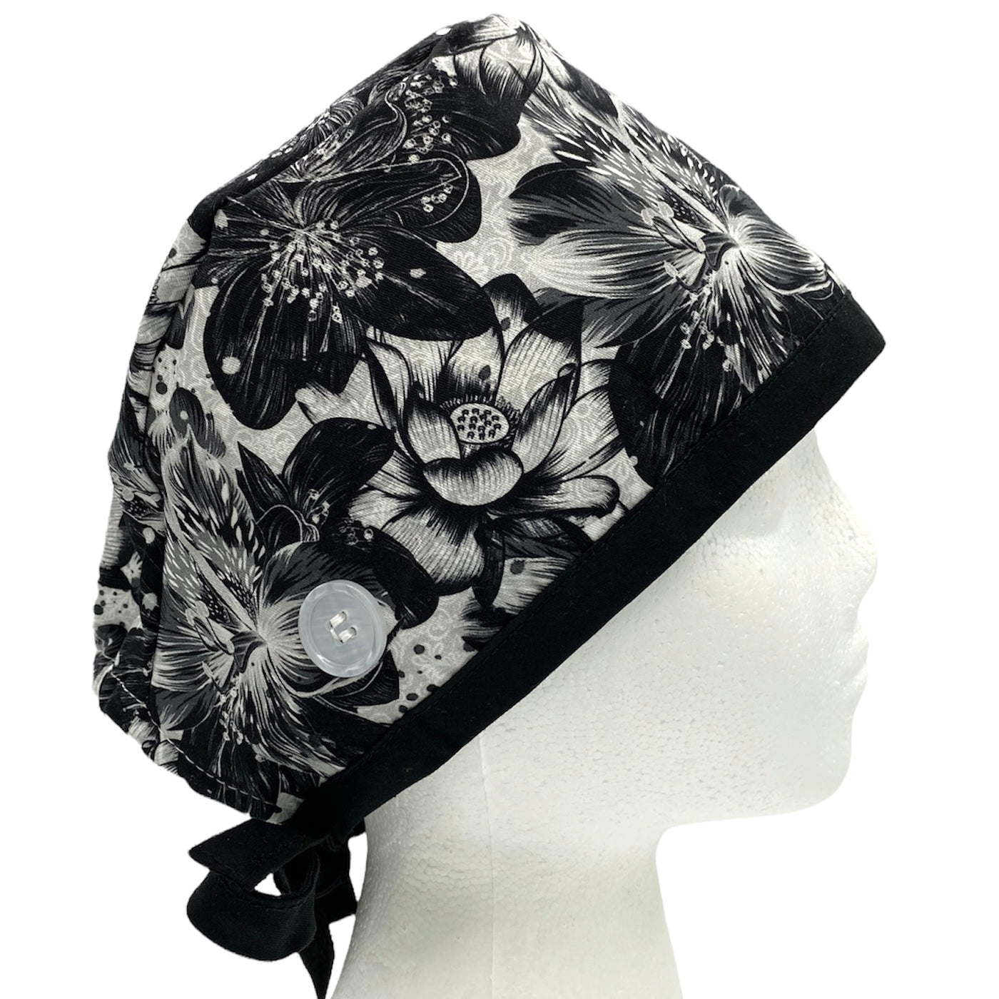 black and white floral scrub cap - unisex style with buttons and satin lining by sunshine shops co. Surgical scrub hat