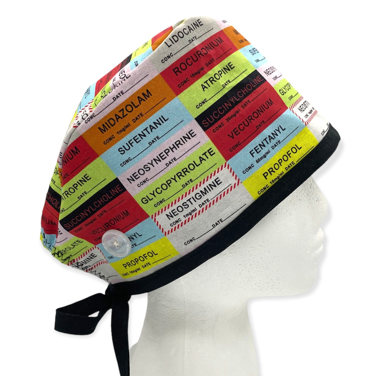 anesthesia drug label surgical scrub cap with satin and buttons. best surgical scrub hats for men and women by sunshine shops co