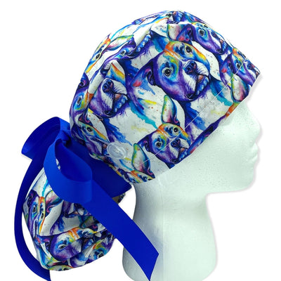 Pit bull dog watercolor ponytail surgical scrub cap with ear buttons for women with long hait