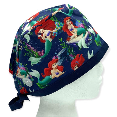 best little mermaid ariel Disney surgical scrub cap with ear buttons and satin lining. Best scrub hat for men and women