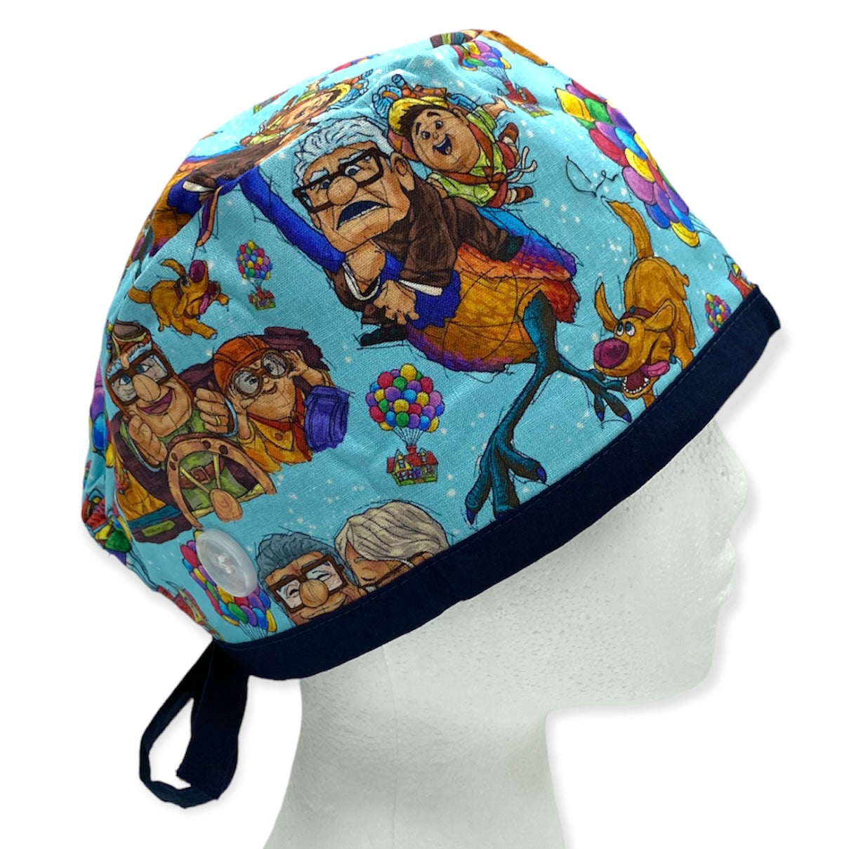 disney UP surgical scrub cap with buttons and satin lining. Best scrub hats by sunshine shops co