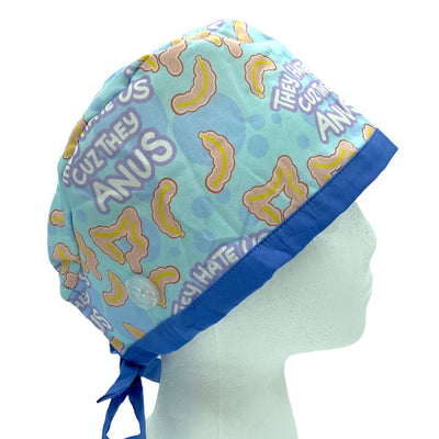 classic style hate us cuz they anus surgical scrub cap by sunshine shops co. Available with buttons and satin lining