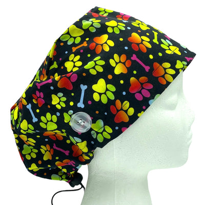 neon paw print euro surgical scrub cap with buttons by sunshine shops co
