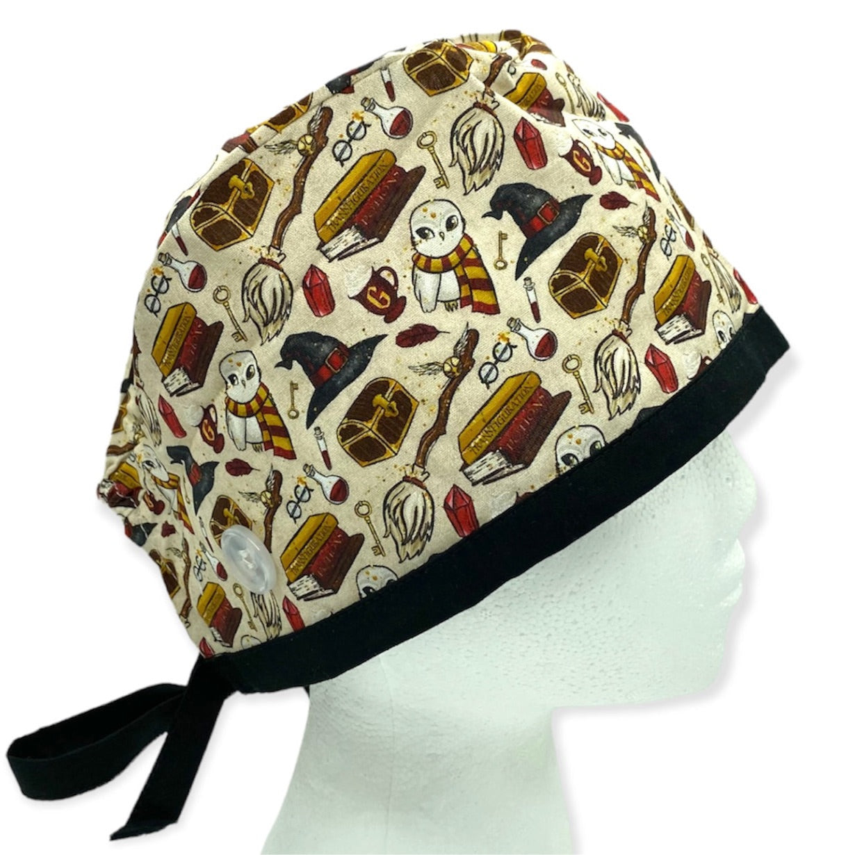 wizard magic and owl surgical scrub cap with ear buttons and satin lining. Best scrub hats for men and women